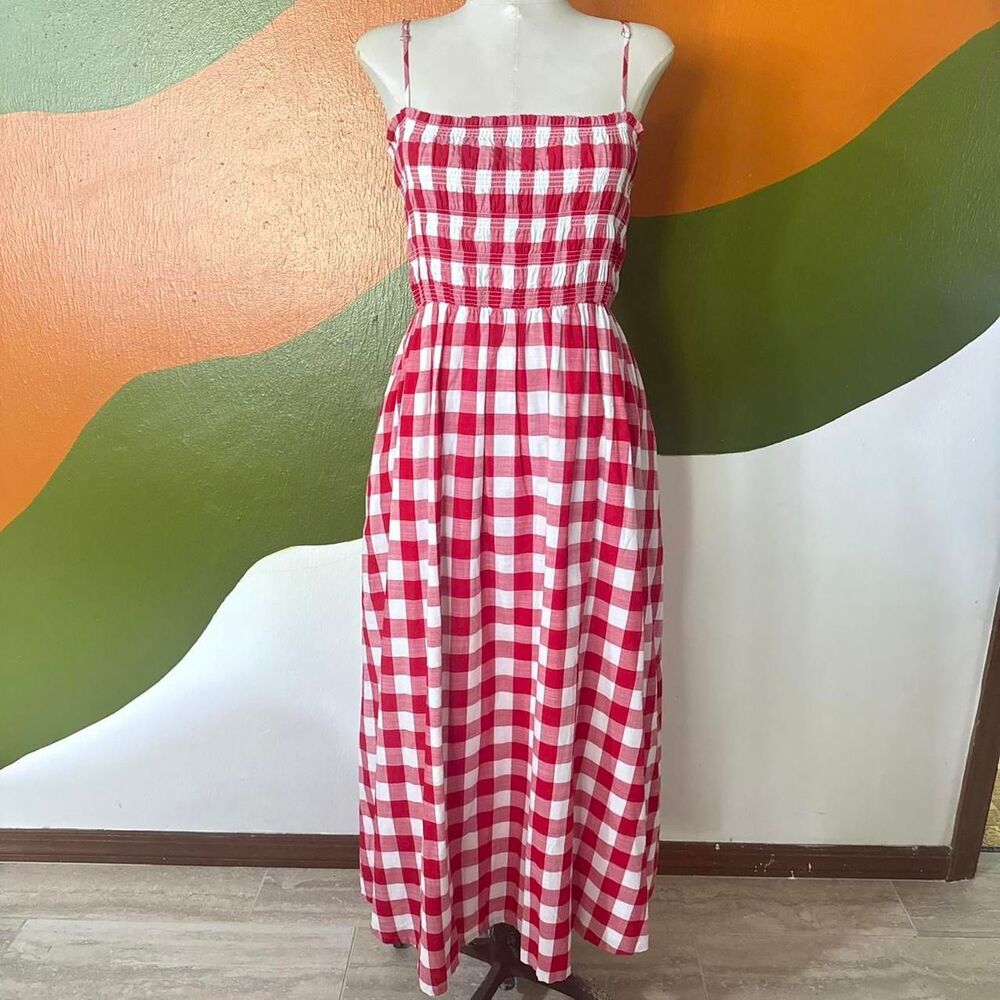 LOFT Red Gingham Smocked Maxi Dress Size 8 Cottagecore Picnic Summer Boho